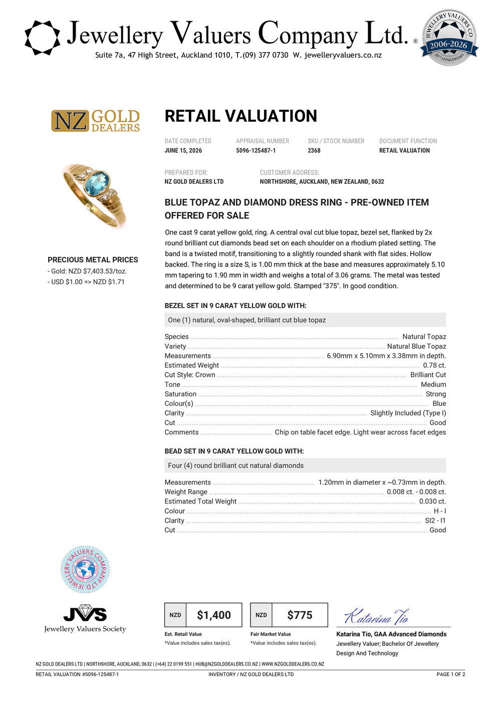 NZGD | 9ct Gold Signature Blue Topaz & Diamond Ring Valuation $1,400