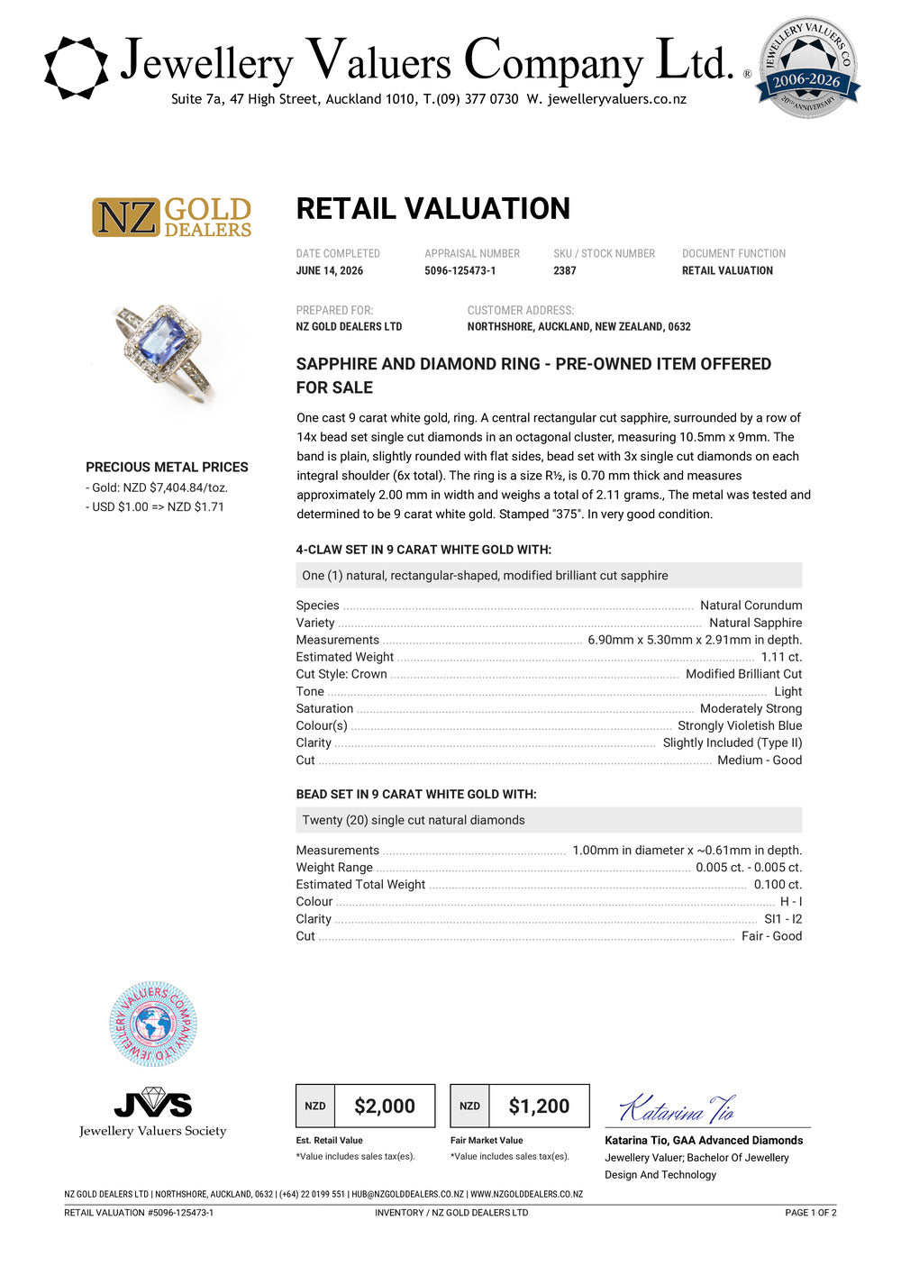 NZGD | 9ct White Gold Ocean‑Mist Sapphire Ring Valuation $2,000