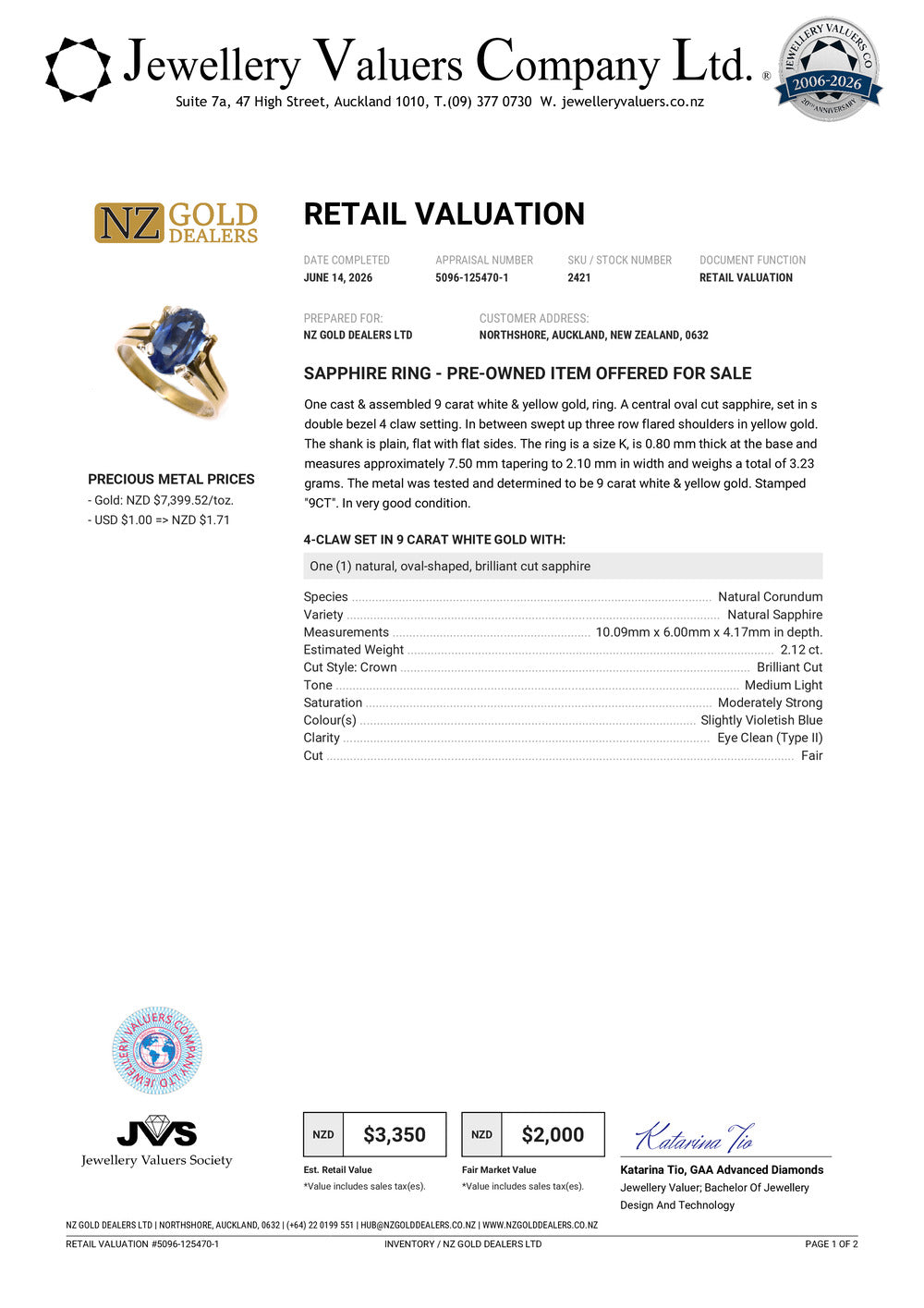 NZGD | 9ct Gold Celestial Tide Sapphire Valuation $3,350