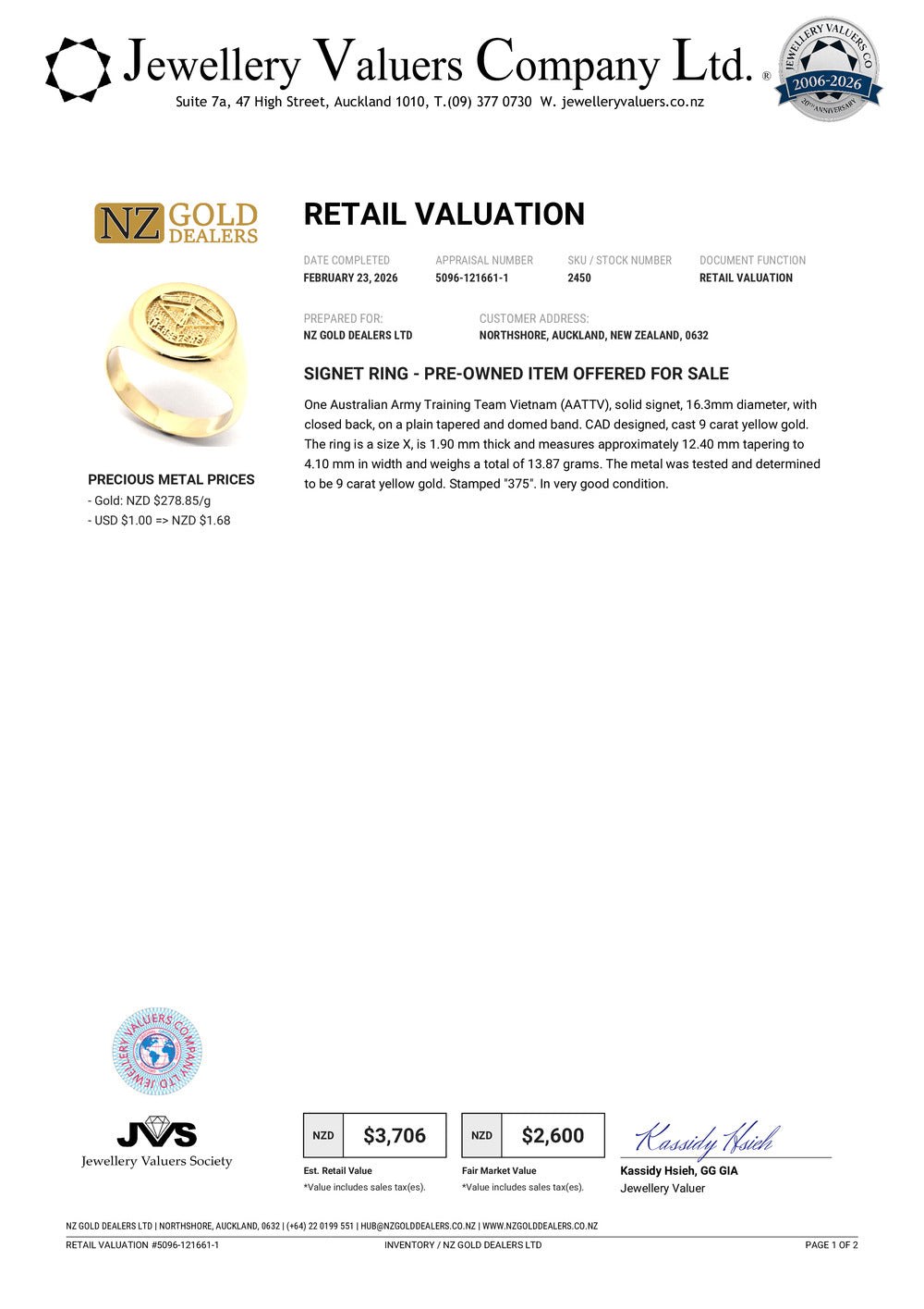 GOLD DEAL | 9kt Gold AATTV Perseverance Signet Ring Valuation $3,706
