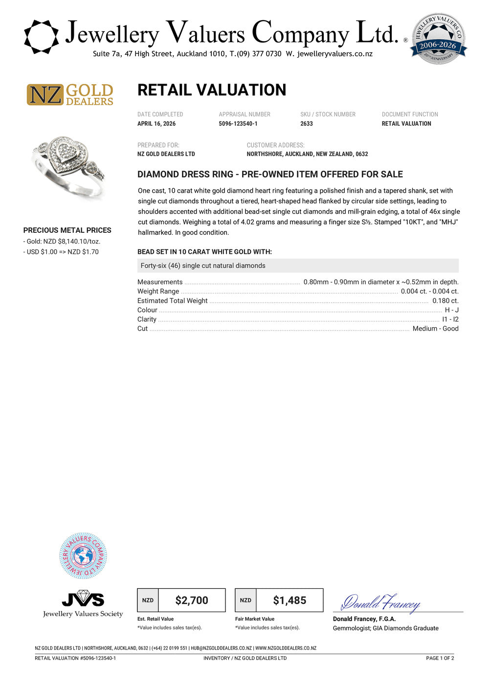 NZGD | 10ct White Gold Michael Hill Ring Valuation $2,700 - Snowlight Diamond Heart
