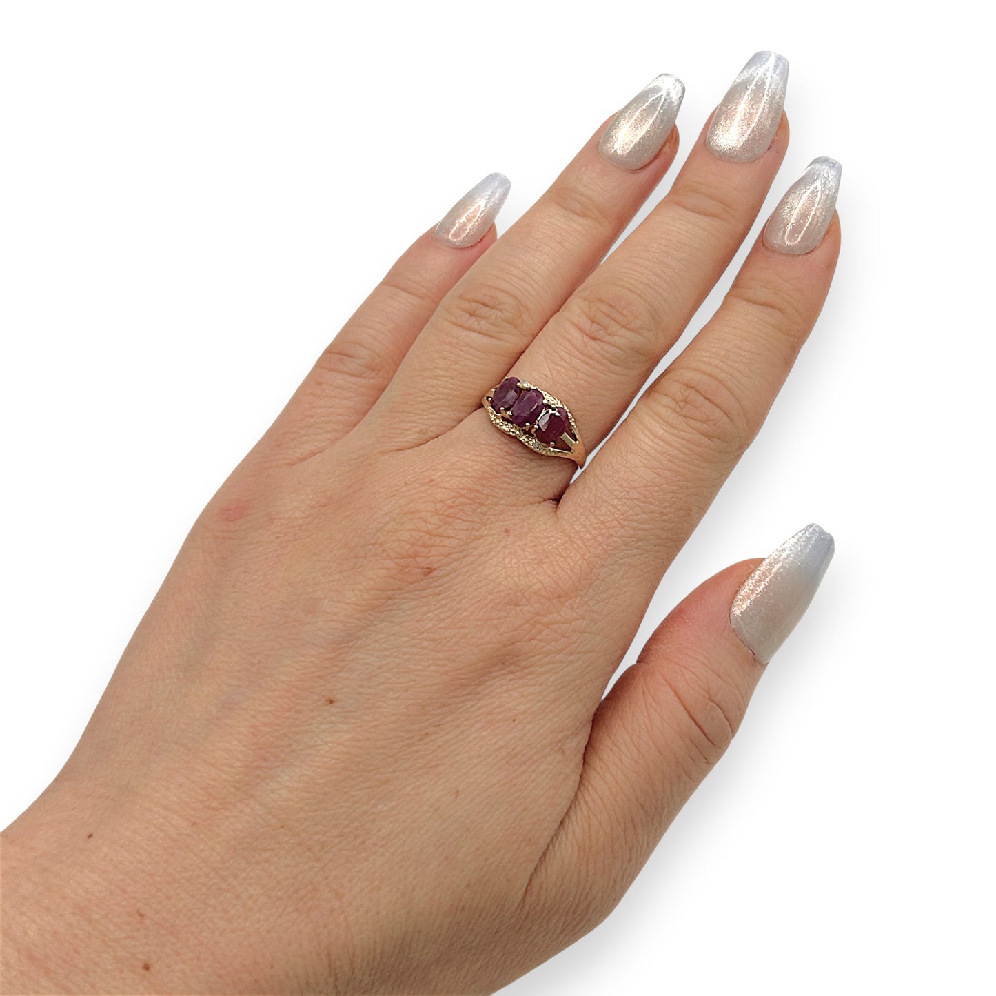 NZGD | 10ct Gold Rosefire Trio Vintage Ruby Ring Size N