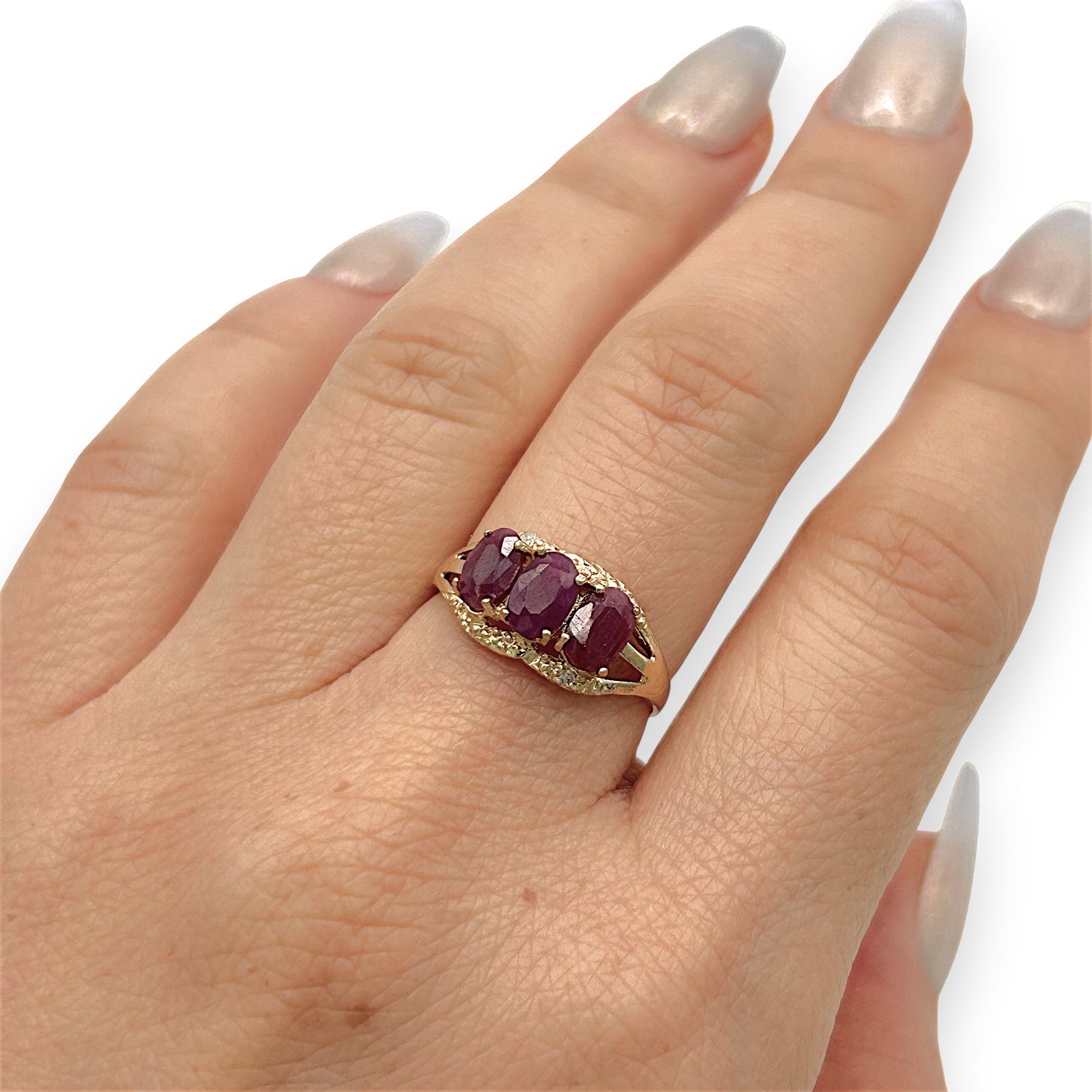 NZGD | 10ct Gold Rosefire Trio Vintage Ruby Ring Size N