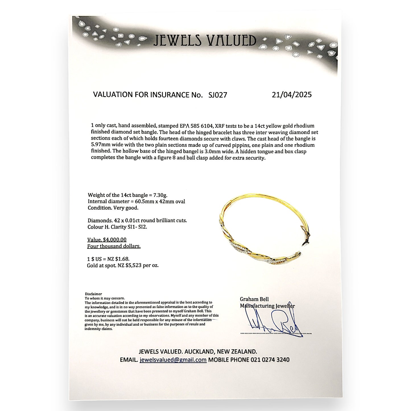 14ct Gold Diamond Set Hinged Bangle, Valuation $4,000. R # 266