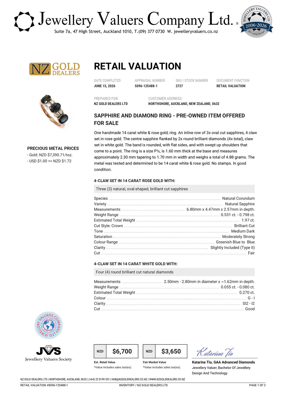 NZGD | 14ct R/W Gold Sapphire Trio Diamond Band Valuation $6,700