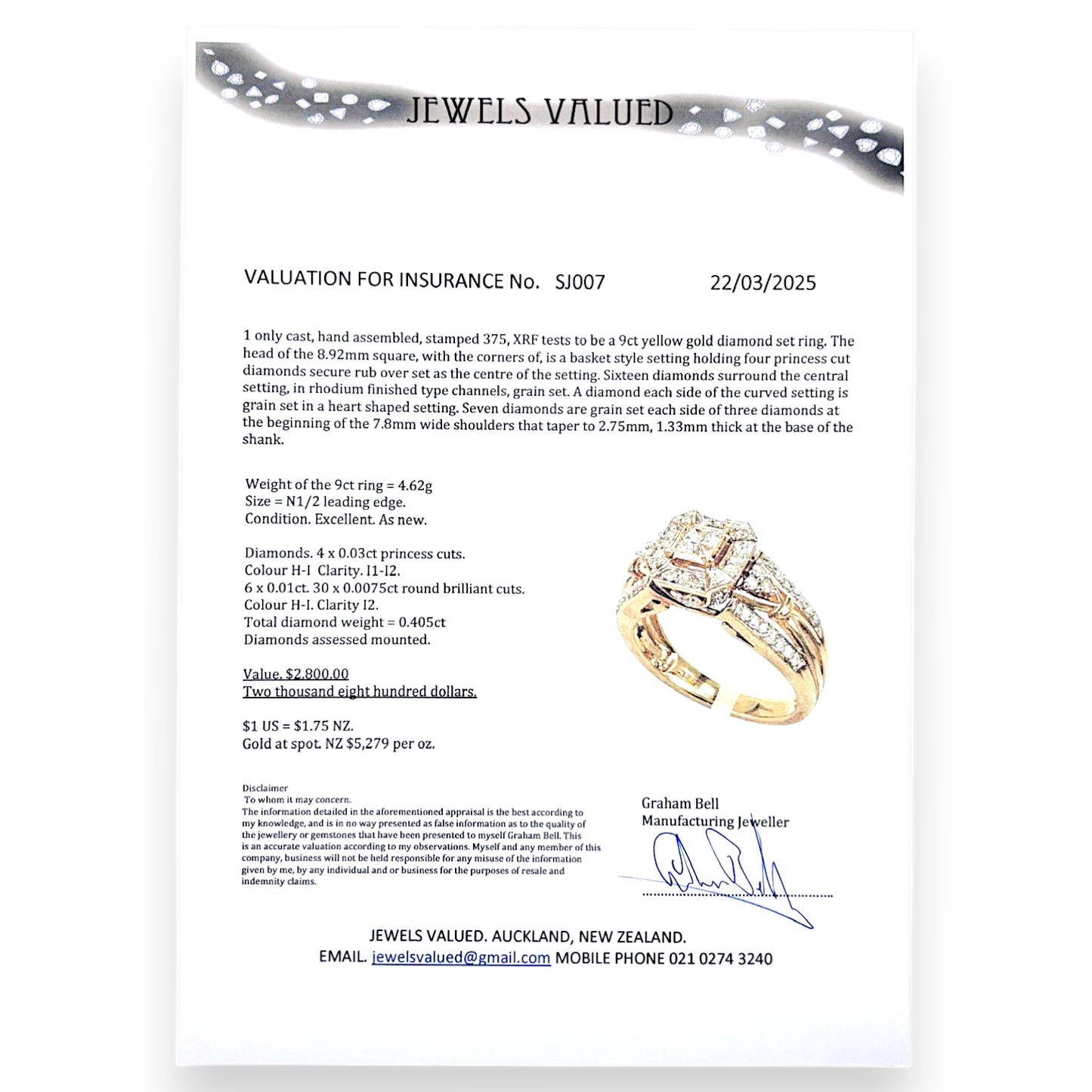 GOLD DEAL | 9ct Gold Square H Princess Cut Diamond Ring Valuation $2,800 Size N1/2