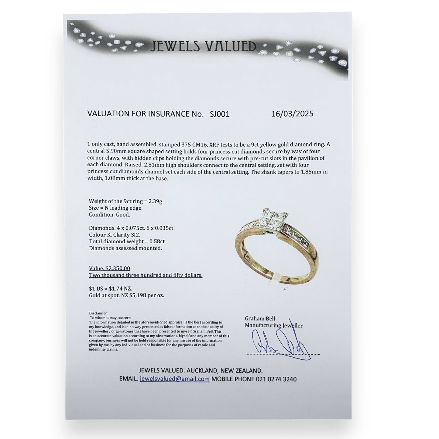 FLASH SALE | 9ct Gold Princess Cut Diamond Ring. Valuation $2,350.00. R # 280