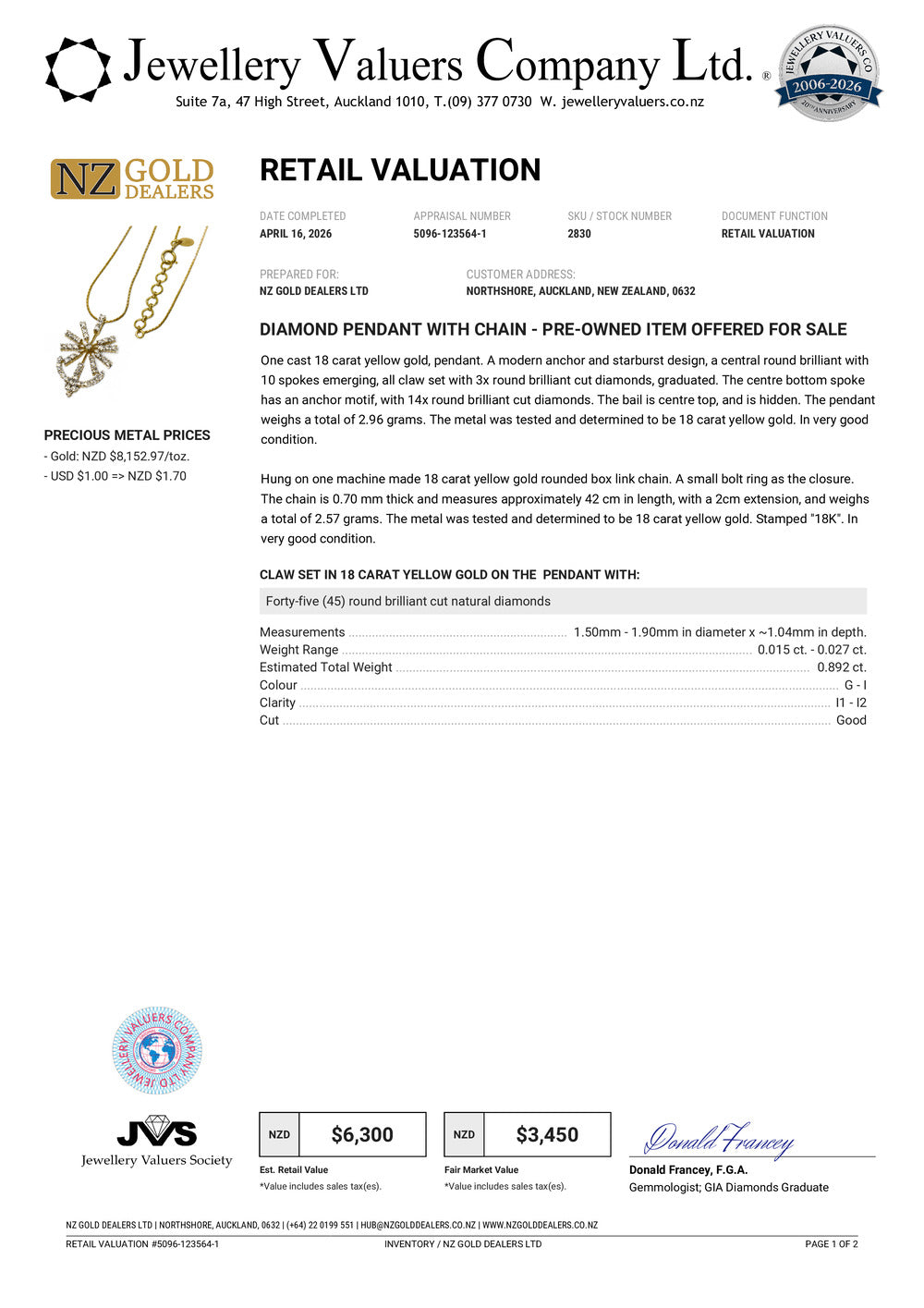 NZGD | 18ct Gold North Star Anchor Necklace Valuation $6,300