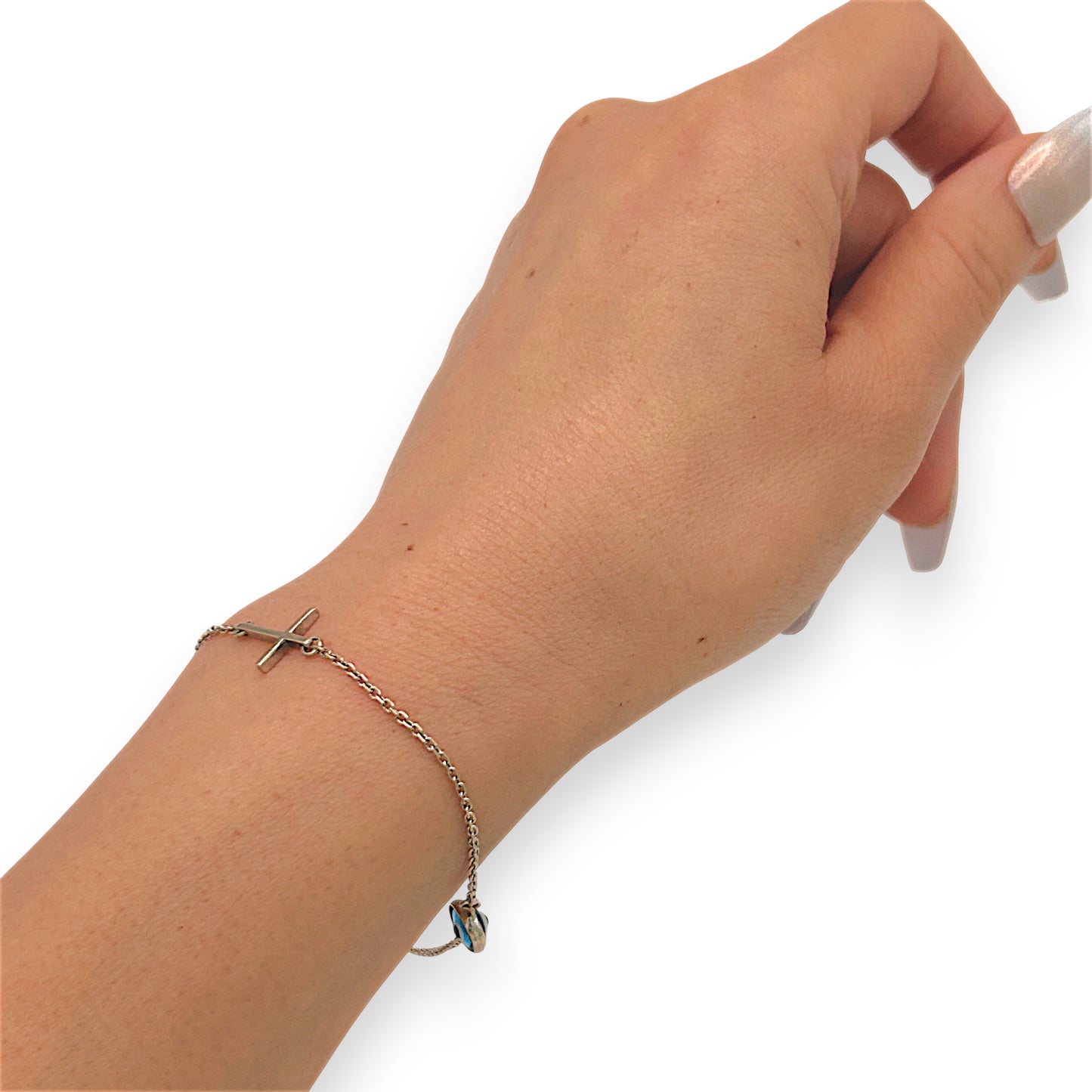 NZGD | 18ct White Gold Blue Evil Eye Cross Bracelet 18.5cm
