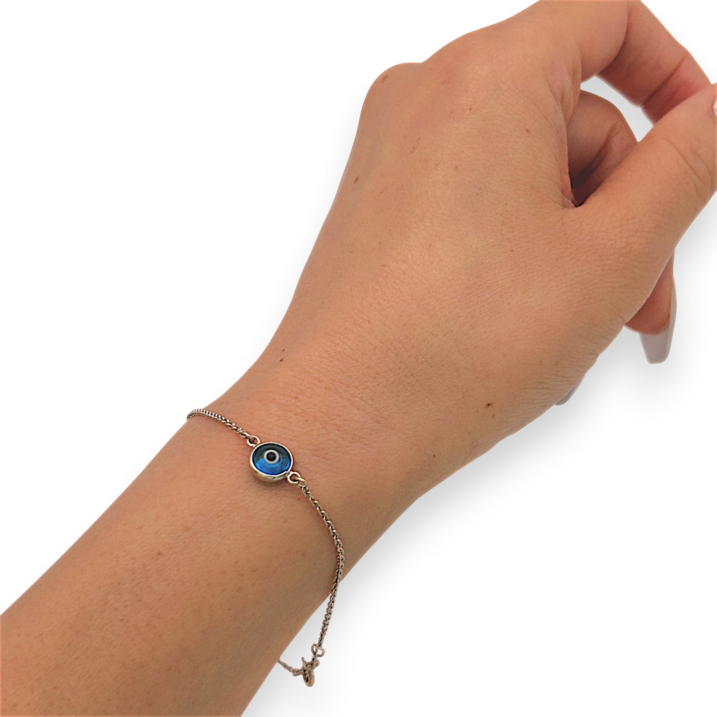 NZGD | 18ct White Gold Blue Evil Eye Cross Bracelet 18.5cm