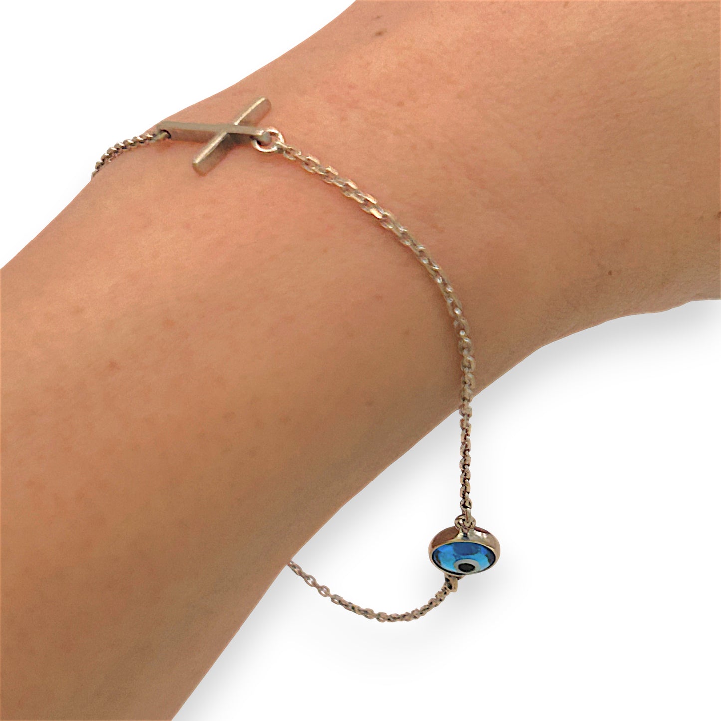 NZGD | 18ct White Gold Blue Evil Eye Cross Bracelet 18.5cm
