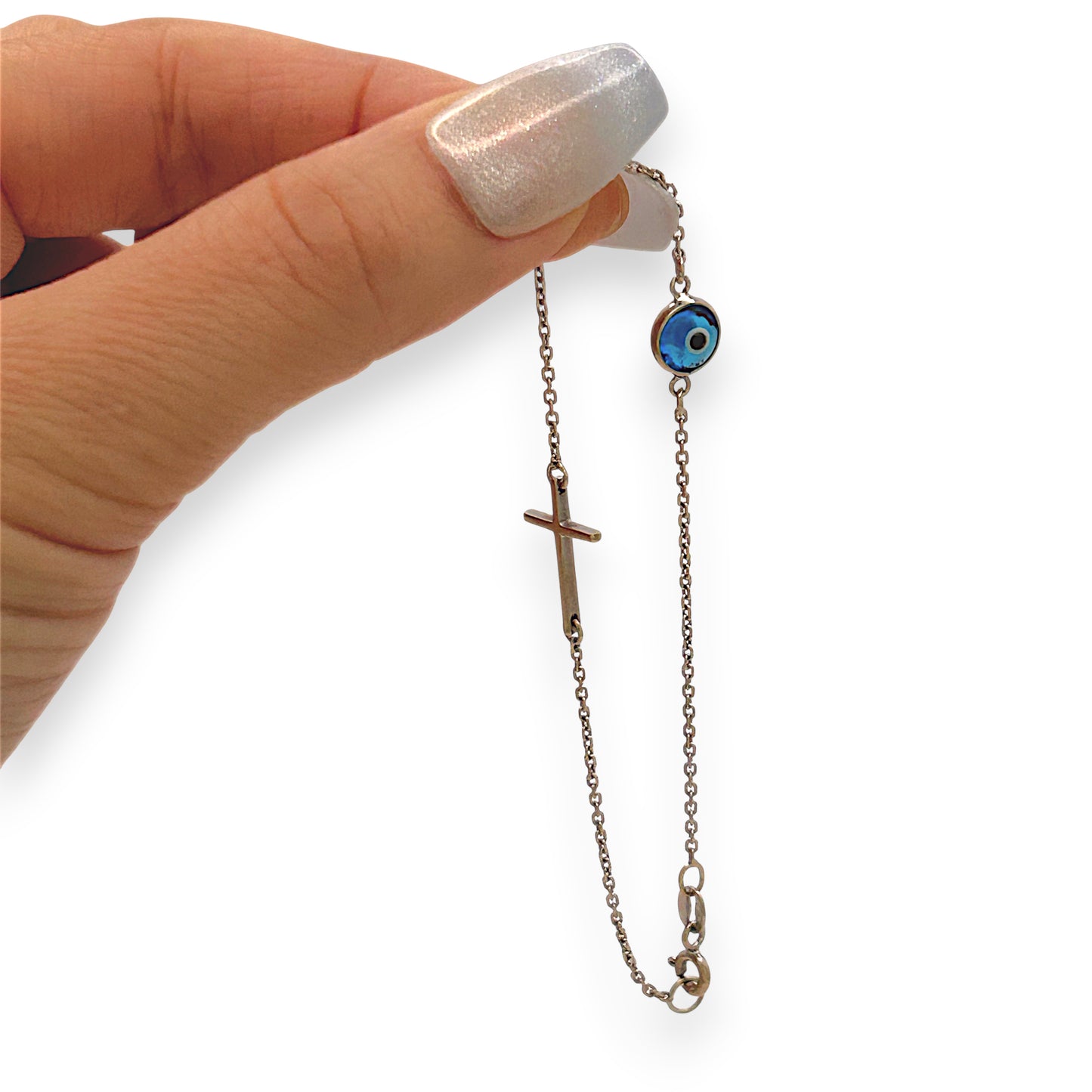 NZGD | 18ct White Gold Blue Evil Eye Cross Bracelet 18.5cm