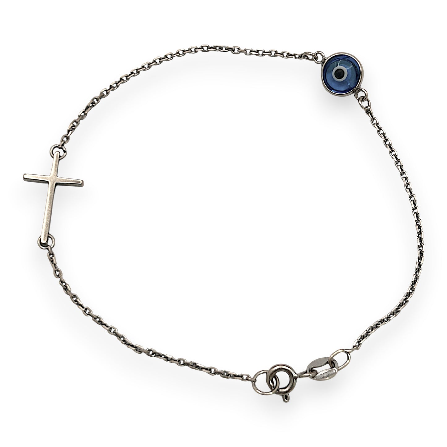 NZGD | 18ct White Gold Blue Evil Eye Cross Bracelet 18.5cm