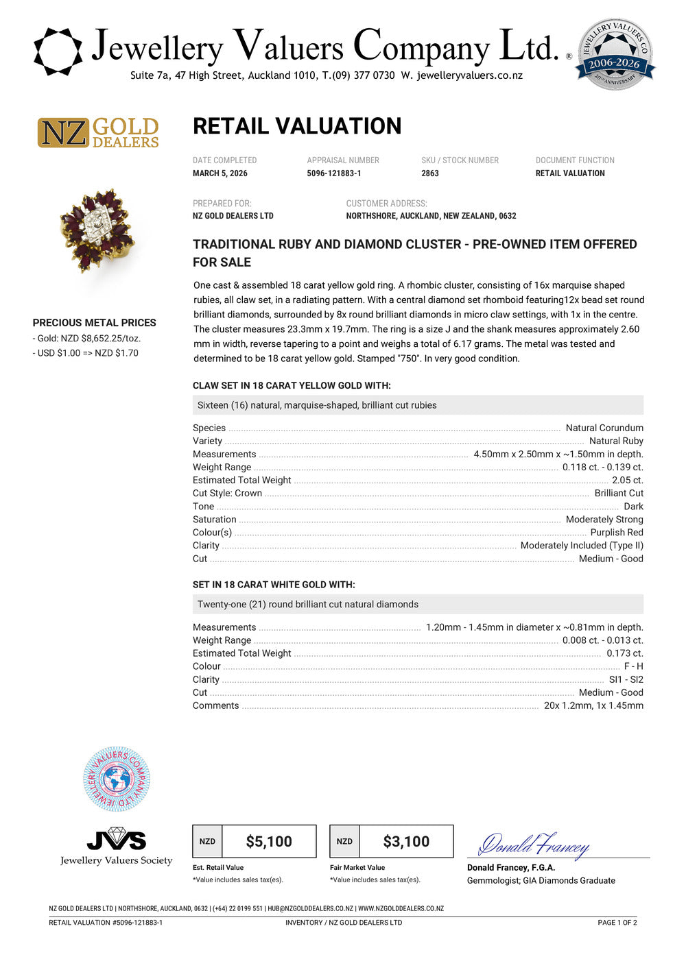 NZGD | 18ct Gold Golden Flame Ruby & Diamond Ring Valuation $5,100