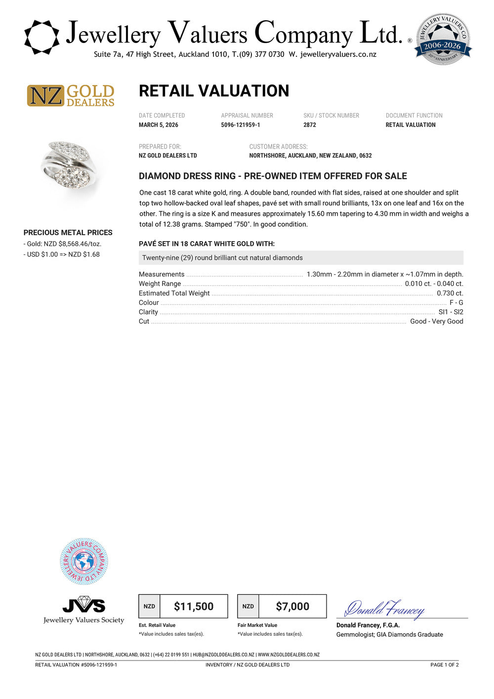 NZGD | 18ct White Gold Diamond Serenade Ring Valuation $11,500