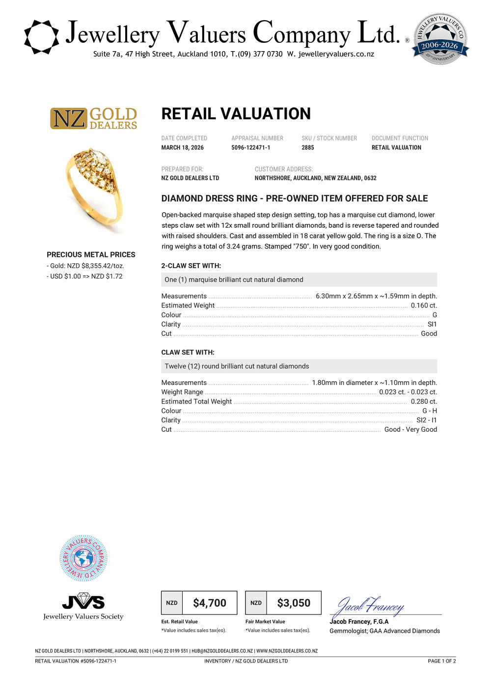 NZGD | 18ct Gold Radiant Marquise Cluster Ring Valuation $4,700