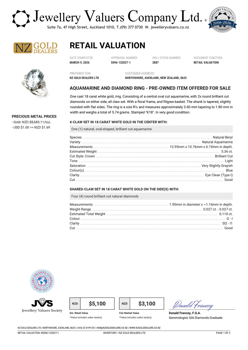 NZGD | 18ct White Gold Aqua d’Étoile Ring Valuation $5,100