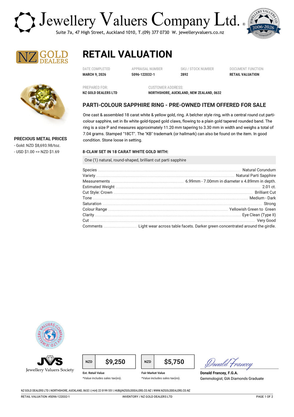 NZGD | 18ct Gold Heritage Parti Sapphire Ring Valuation $9,250
