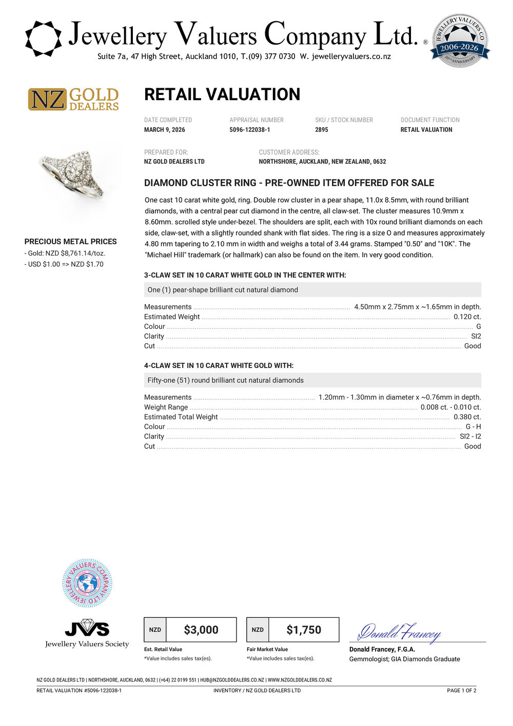 NZGD | 10ct W.Gold Micheal Hill Teardrop Brilliance Ring Valuation $3,000