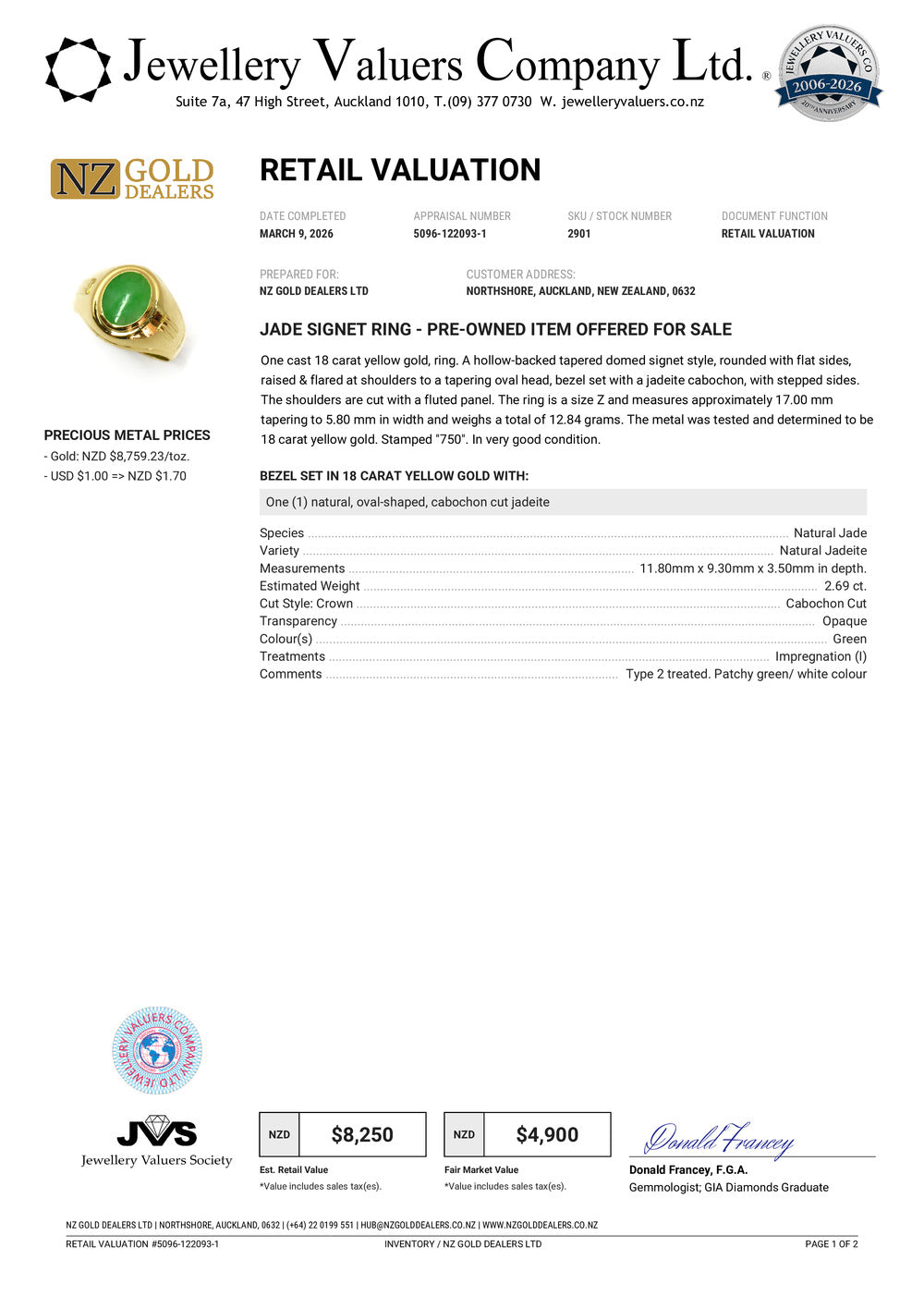 NZGD | 18ct Gold Heritage Jade Crest Ring Valuation $8,250