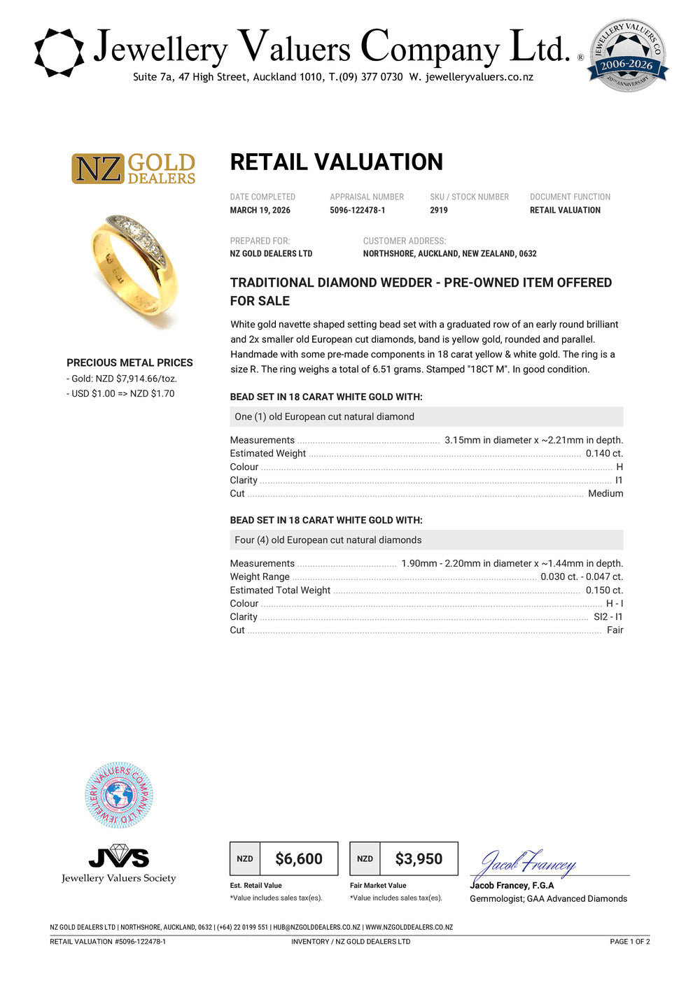 NZGD | 18ct Y/W Gold Dual‑Tone Diamond Heirloom Ring Valuation $6,600