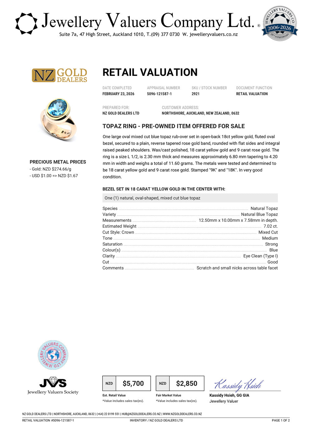 GOLD DEAL | 18kt & 9kt Y/R Gold Aurora Blue Sovereign Ring Valuation $5,700