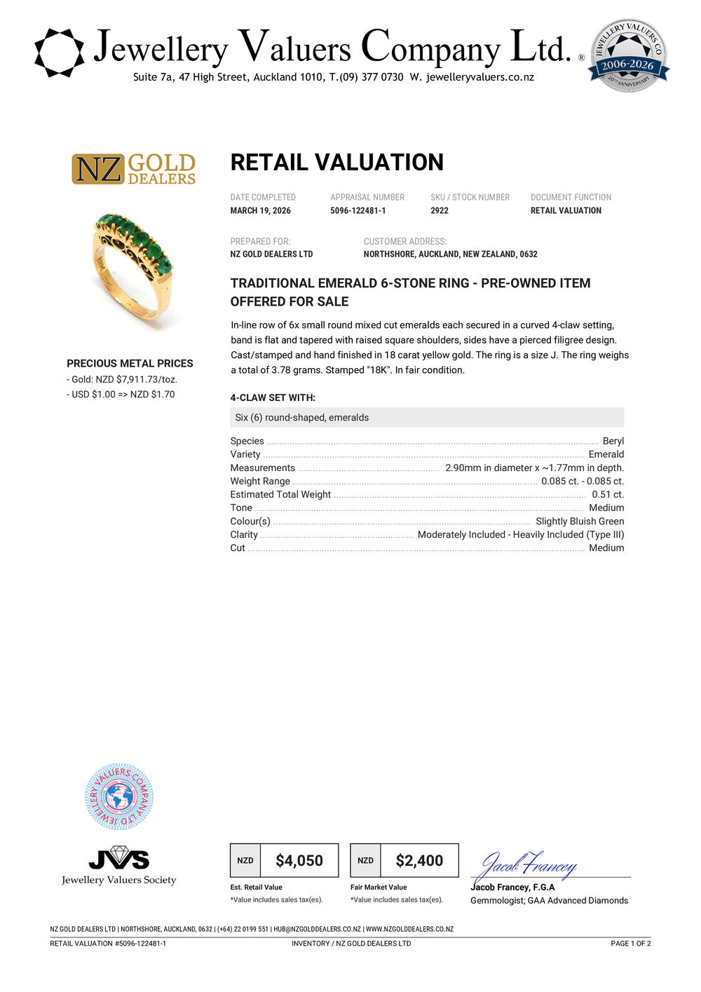 NZGD | 18ct Gold Emerald Horizon BandValuation $4,050
