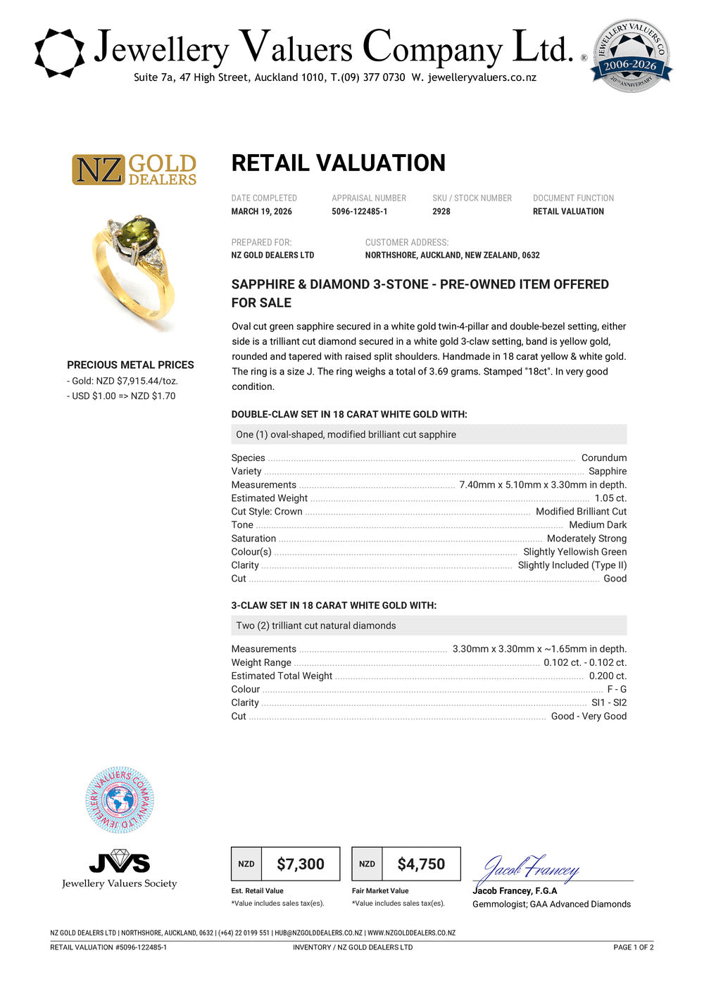 NZGD | 18ct Gold Verdant Crown Trilogy Ring Valuation $7,300