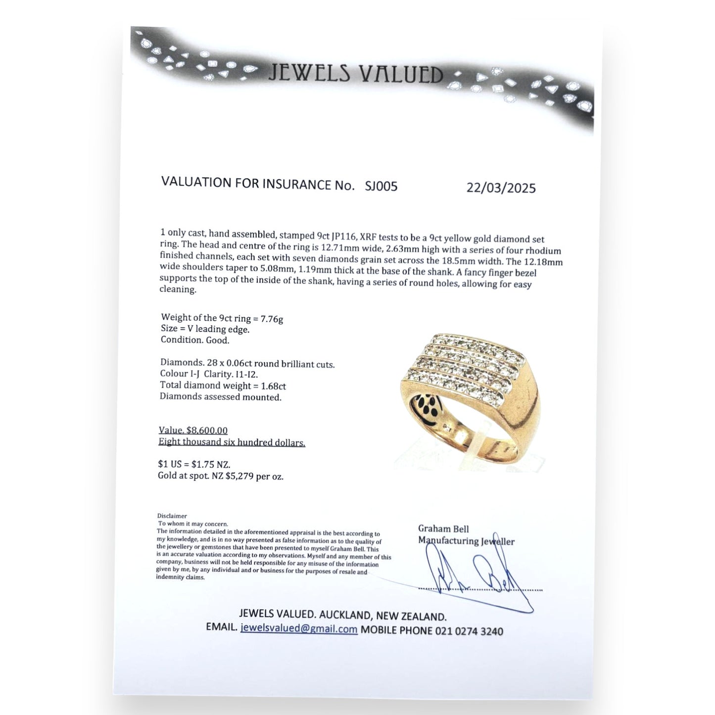 GOLD DEAL | 9ct Gold Hand Assembled Ring 28 Diamonds Valuation $8,600 Size V