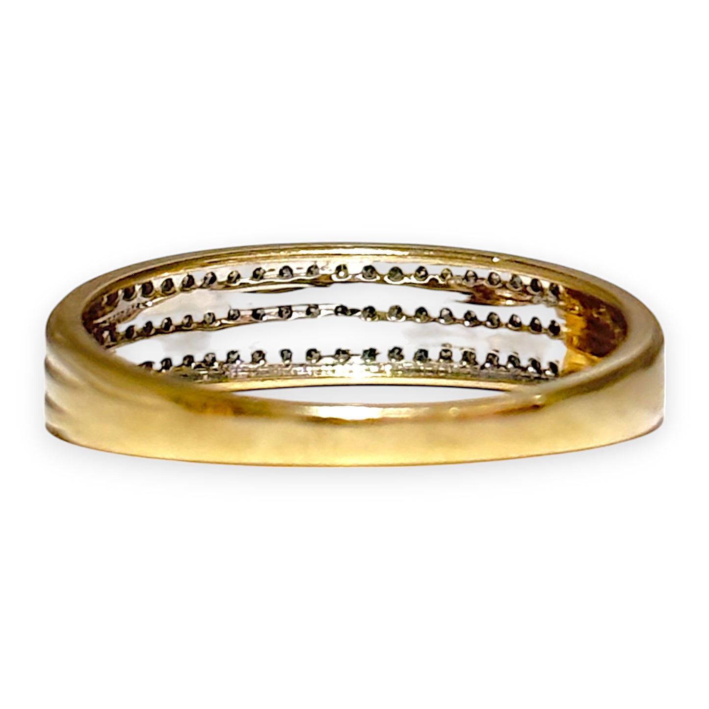 9ct Gold Three Rows of Diamonds Ring Size O, Valuation $1,300. R # 308