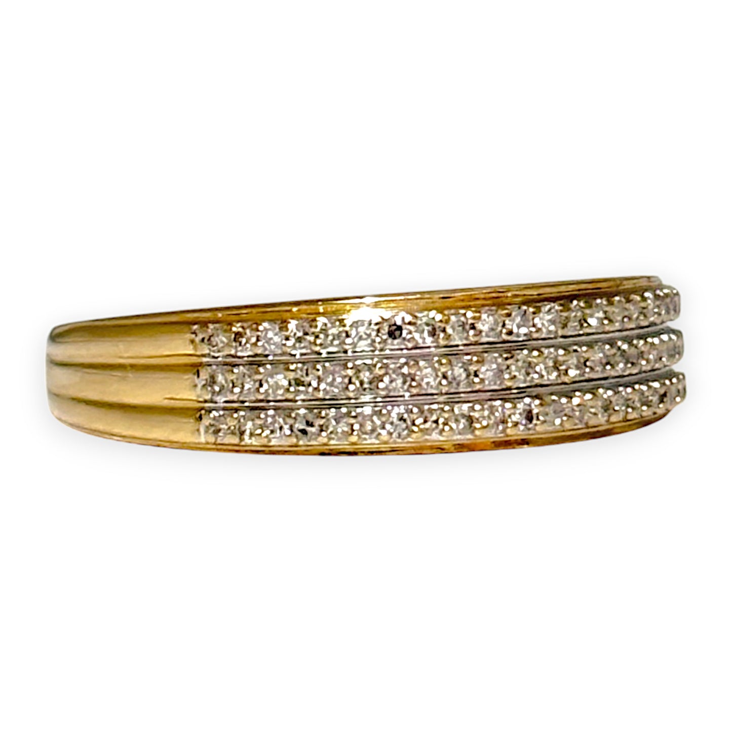 9ct Gold Three Rows of Diamonds Ring Size O, Valuation $1,300. R # 308