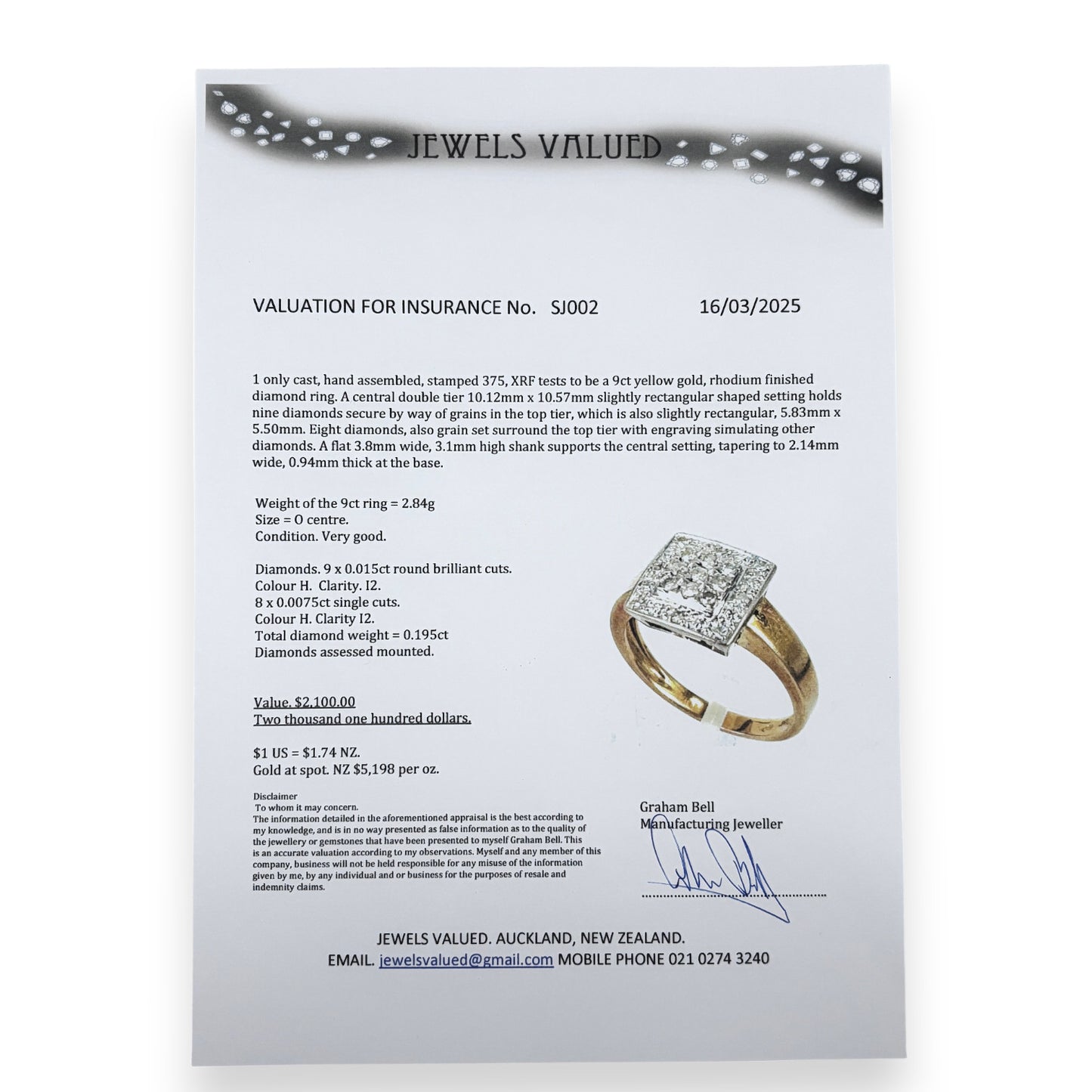 9ct Gold Round Brilliant Cuts Diamond Ring. Valuation $2,100.00. R # 316