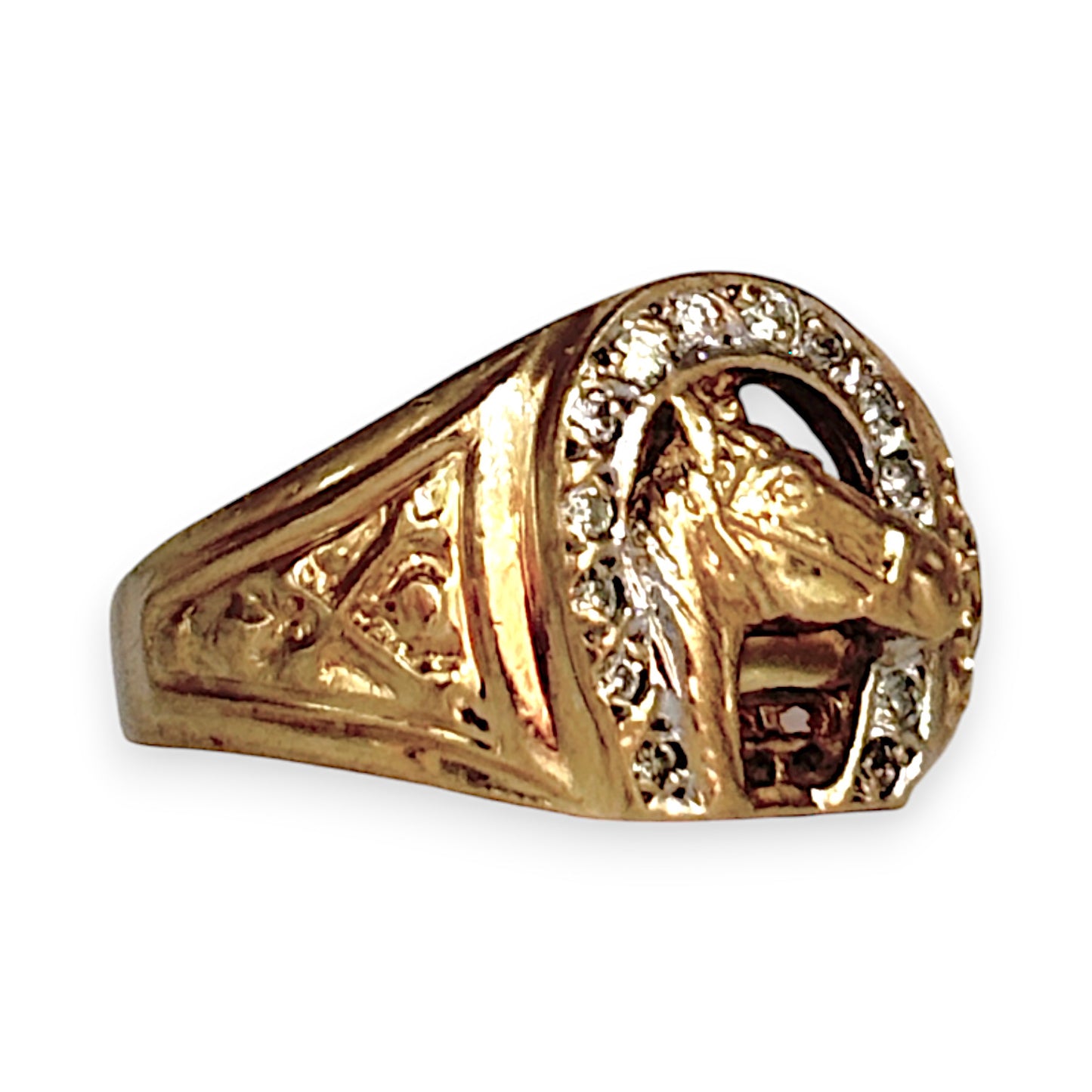 9ct Gold Diamond Set Horseshoe & Horse Head Valuation $1,800 Size Q1/2. R # 322