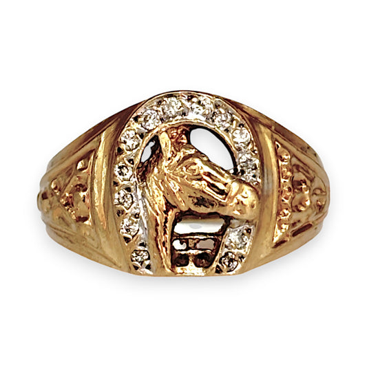9ct Gold Diamond Set Horseshoe & Horse Head Valuation $1,800 Size Q1/2. R # 322