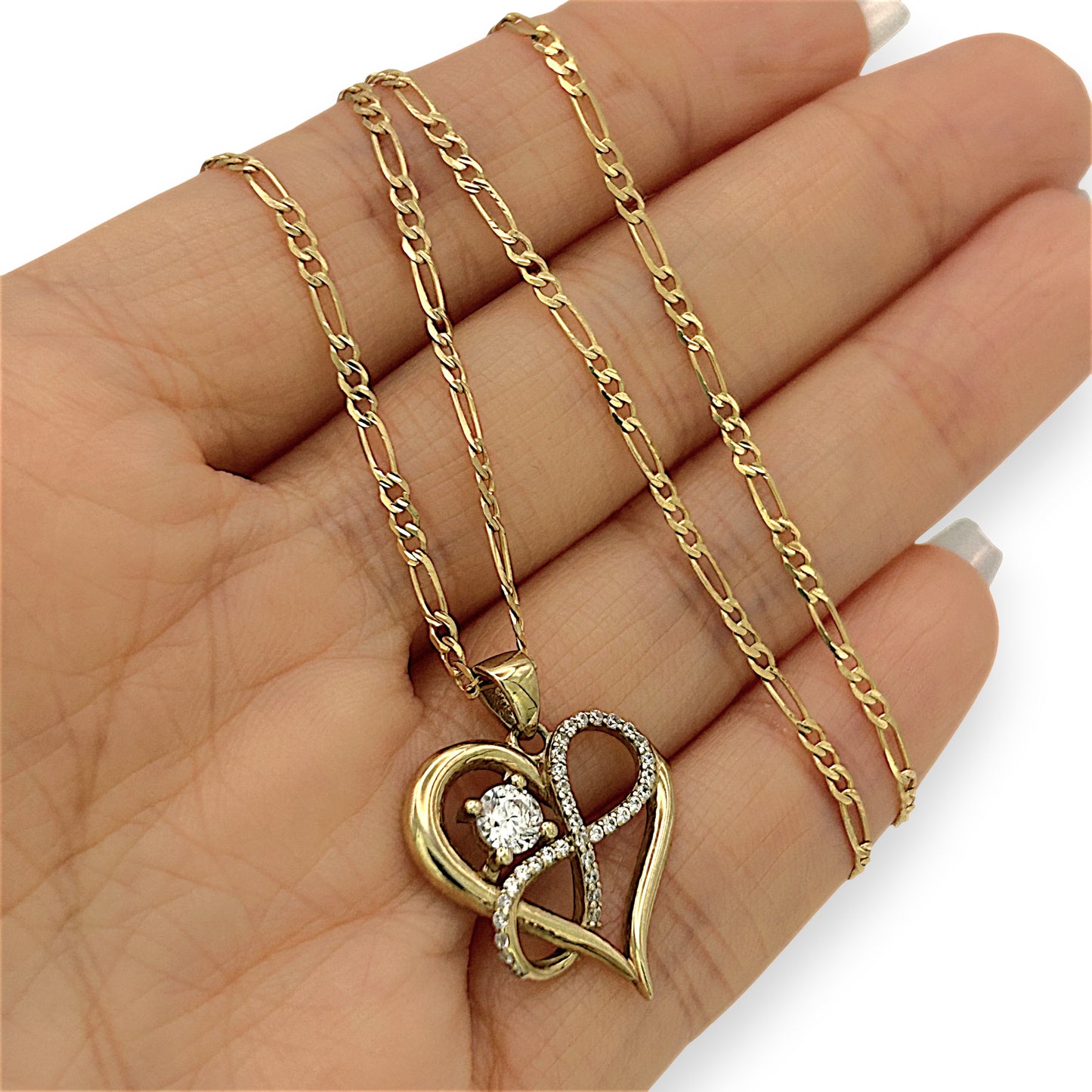 NZGD | 9ct Gold Lustre Heart Figaro Necklace 49cm