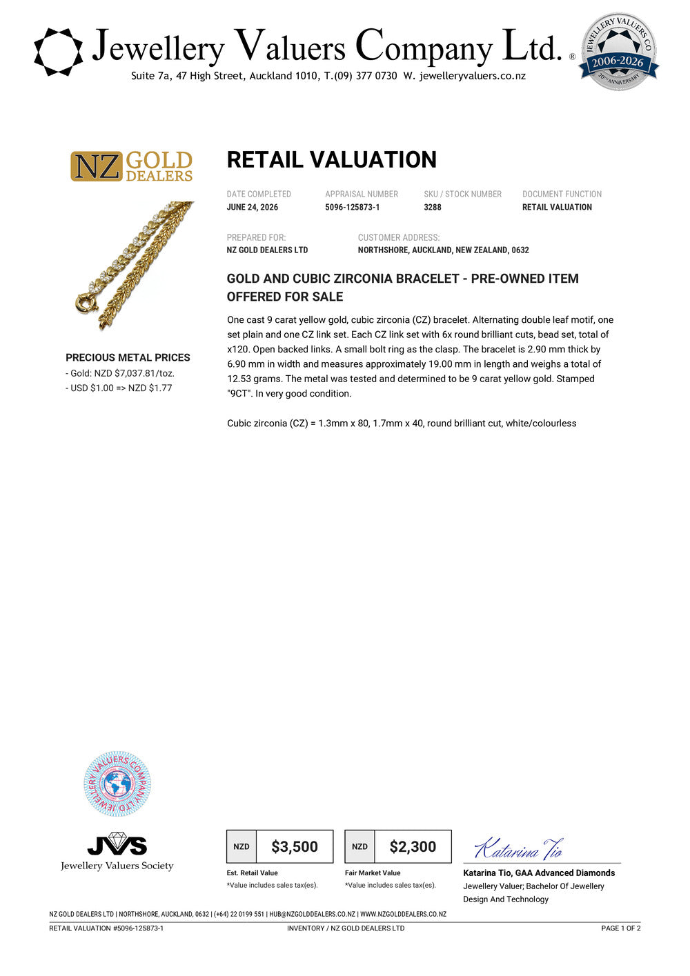 NZGD  | 9ct Gold PROUDS  Golden Leaf Bracelet Valuation $3,500
