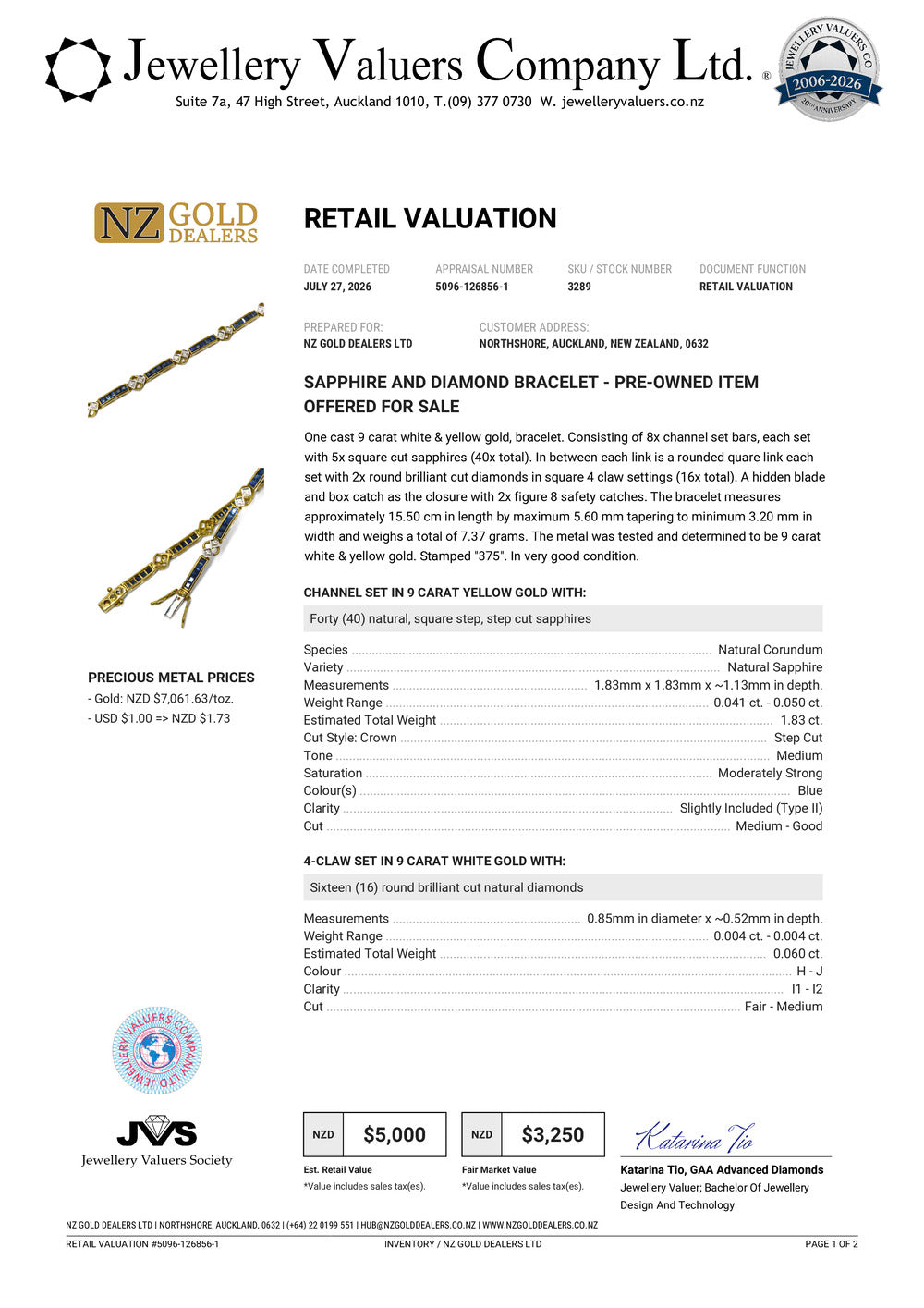 NZGD | 9ct Gold Blue Royale Vintage Bracelet Valuation $5,000
