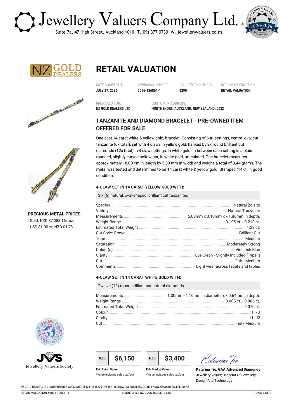 NZGD | 9ct Gold Vintage Aurora Tanzanite Line Bracelet Valuation $6,150