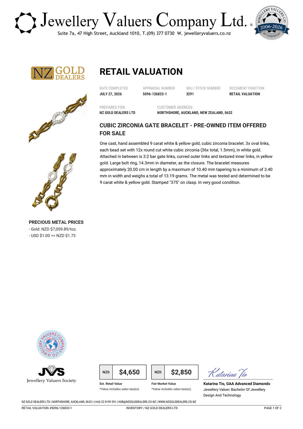 NZGD | 9ct Y/W Gold Vintage Gate Elegance Bracelet Valuation $4,650