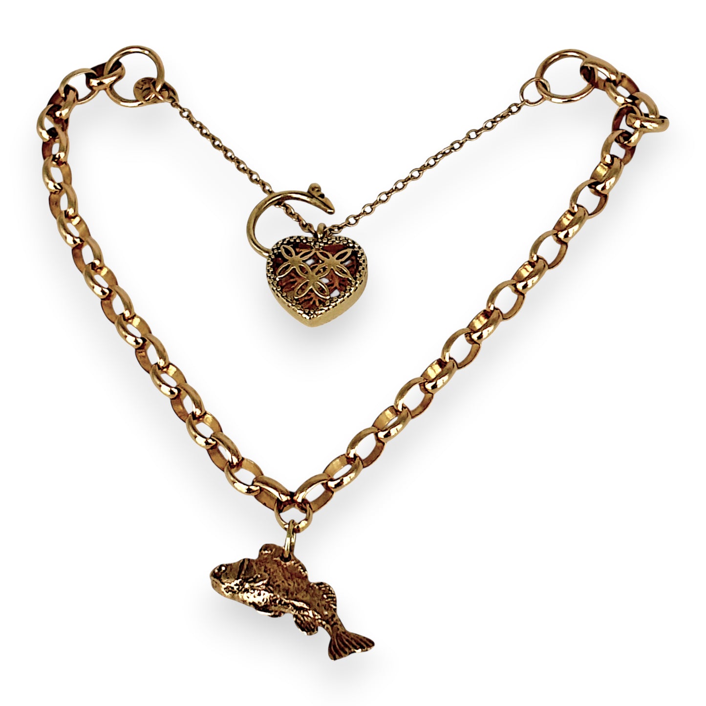 NZGD | MHJ 10ct Gold Vintage‑Style Bracelet with Heart Padlock & Fish Charm