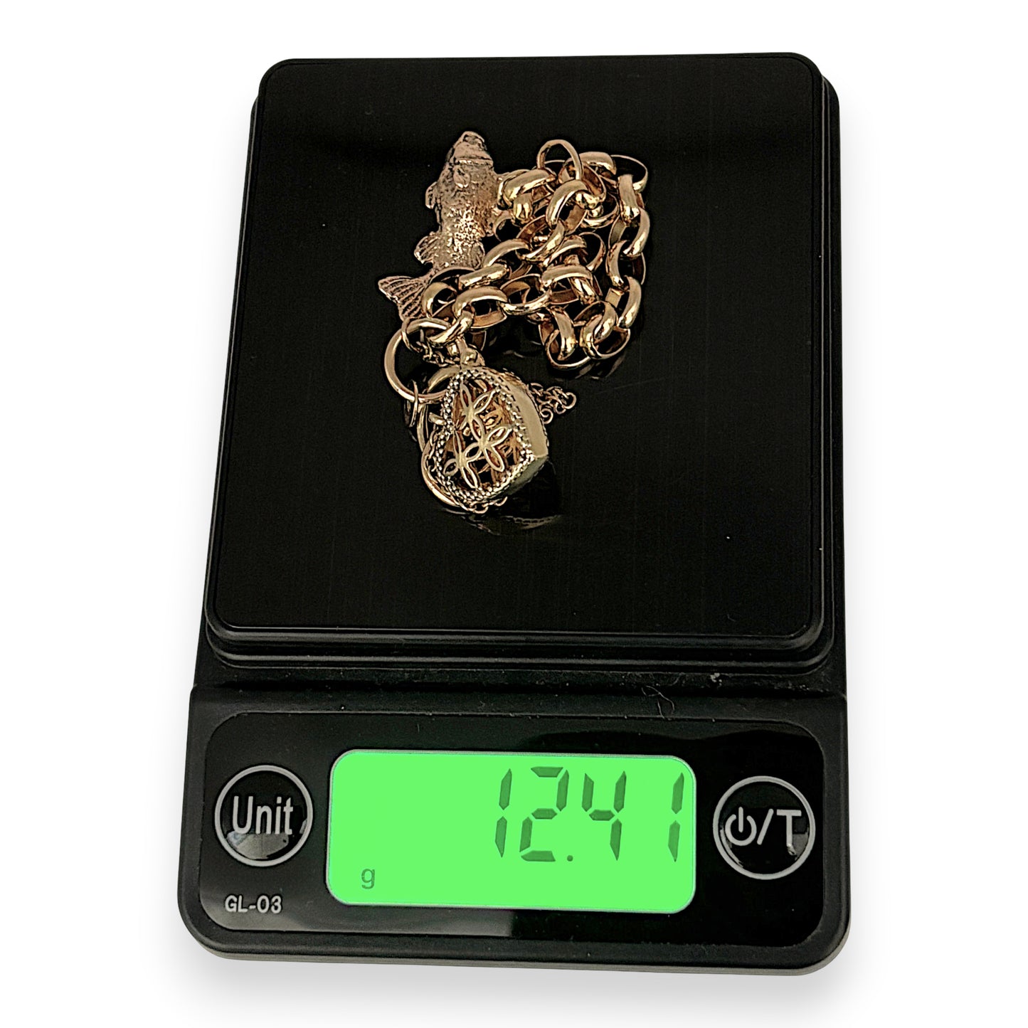 NZGD | MHJ 10ct Gold Vintage‑Style Bracelet with Heart Padlock & Fish Charm