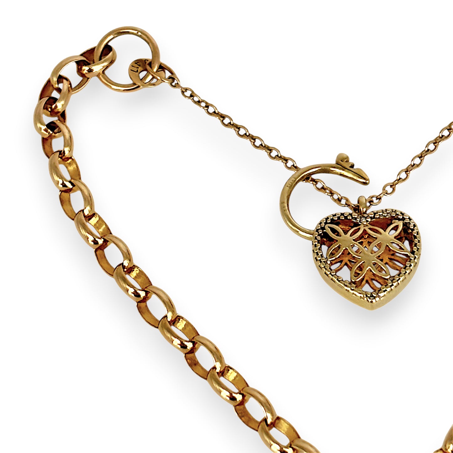 NZGD | MHJ 10ct Gold Vintage‑Style Bracelet with Heart Padlock & Fish Charm