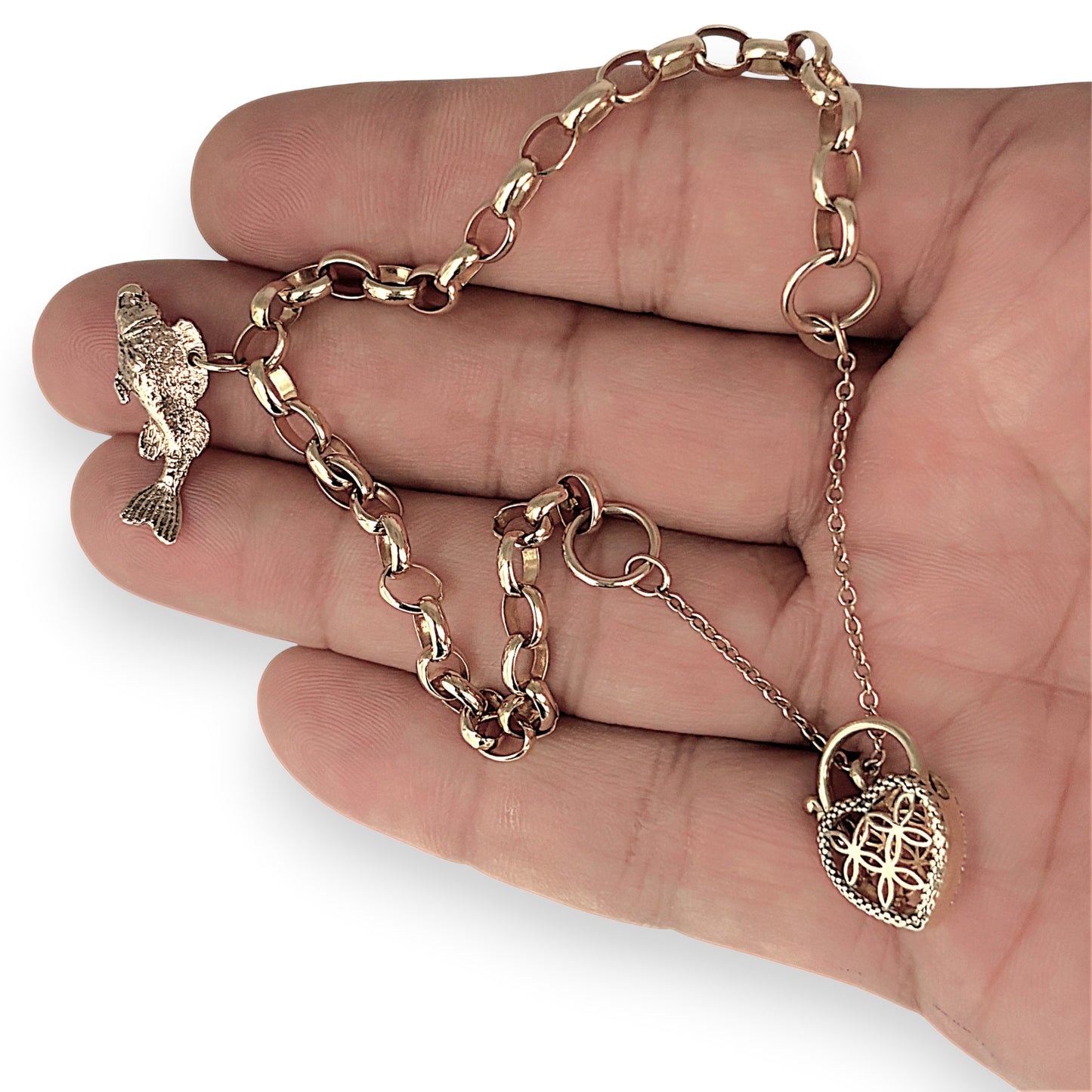 NZGD | MHJ 10ct Gold Vintage‑Style Bracelet with Heart Padlock & Fish Charm