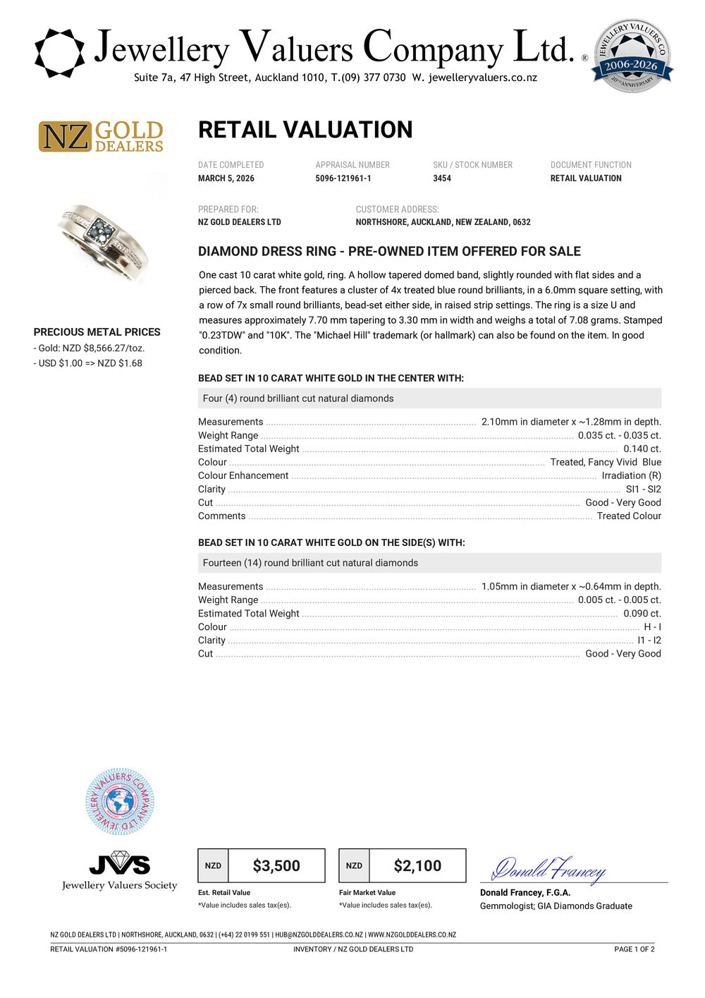 NZGD | 10ct (10K) Gold MHJ Vivid Azure Diamond Ring Valuation $3,500