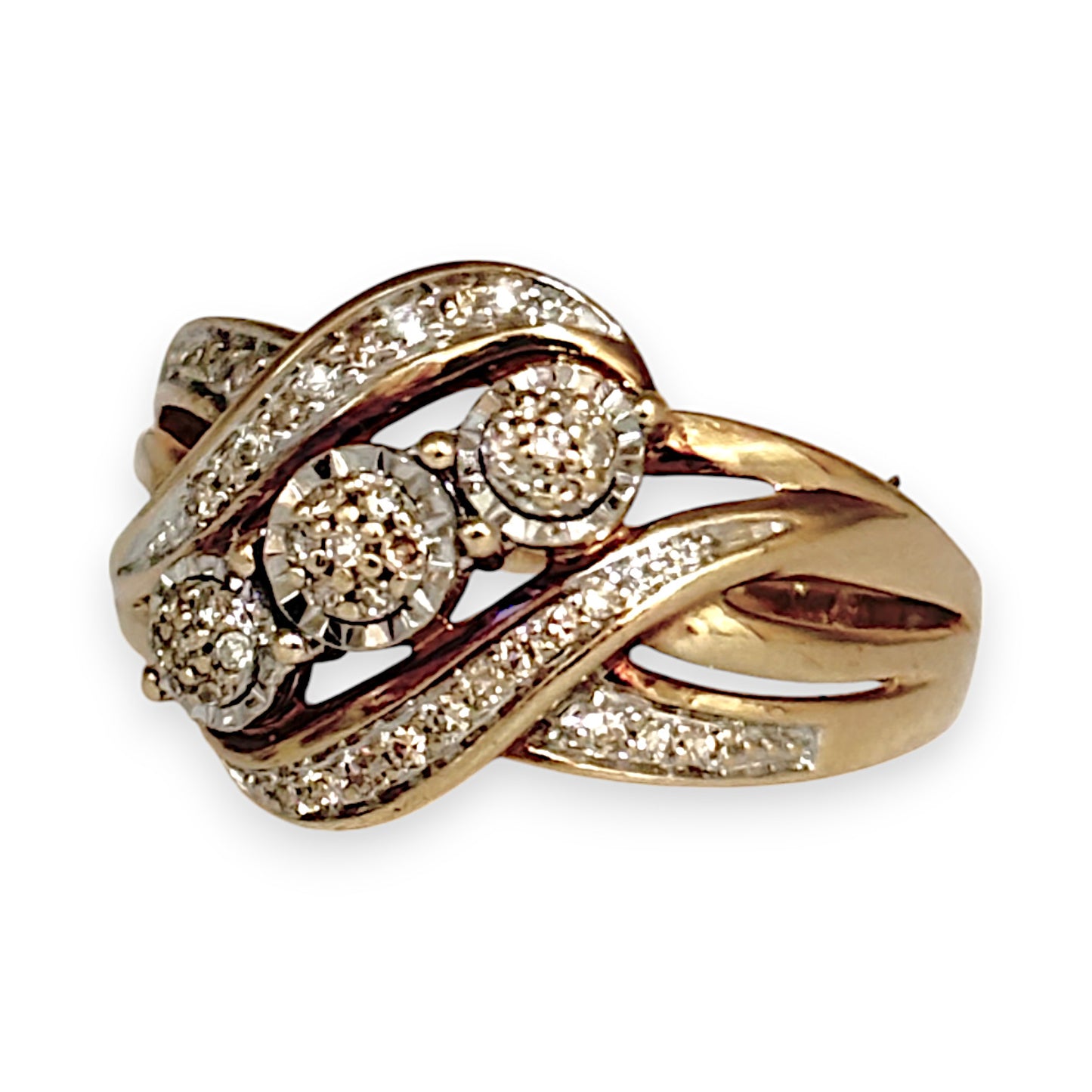9ct Gold Cross Over Cluster Diamond Set Ring Valuation $1,650 Size O1/2. R # 348