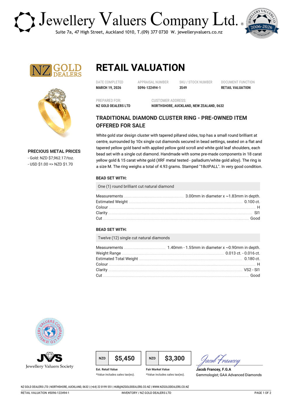 NZGD | 18ct Gold Étoile Royale Ring Valuation $5,450