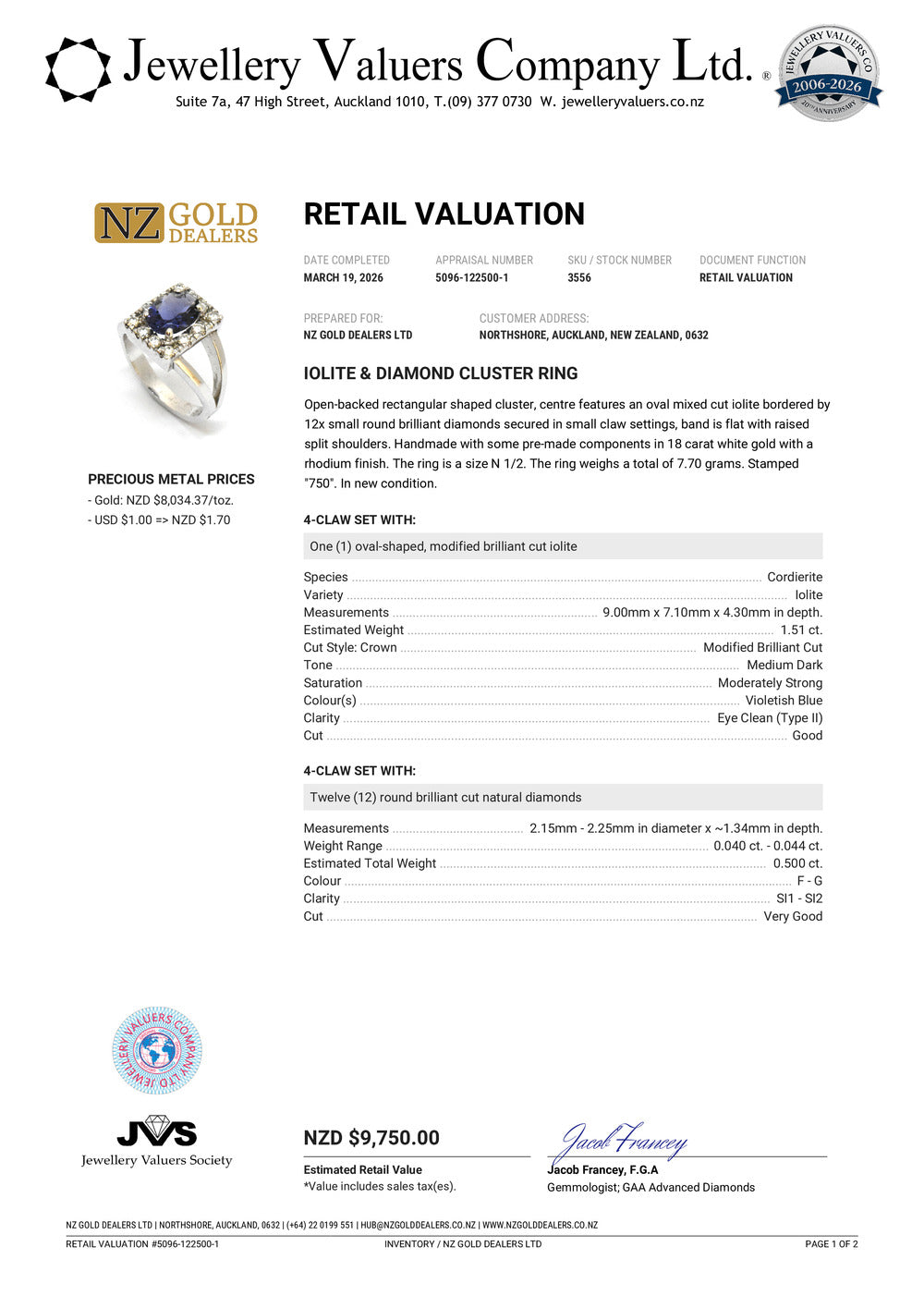 BRAND NEW | 18ct W Gold Midnight Violet Ring Valuation $9,750