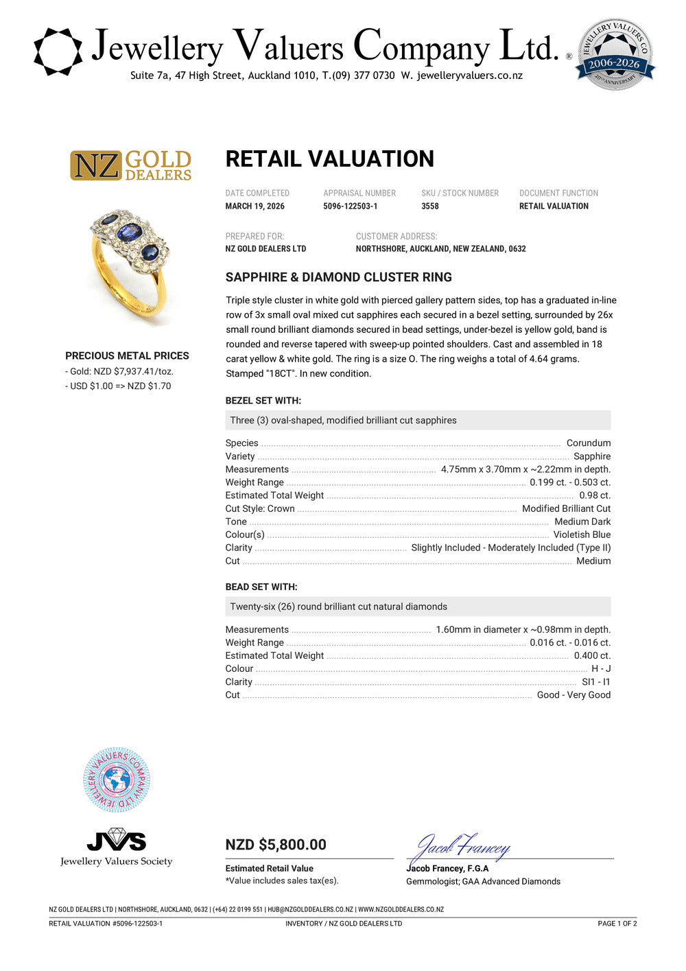 BRAND NEW | 18ct Y/W Gold Sapphire Trinity Ring Valuation $5,800