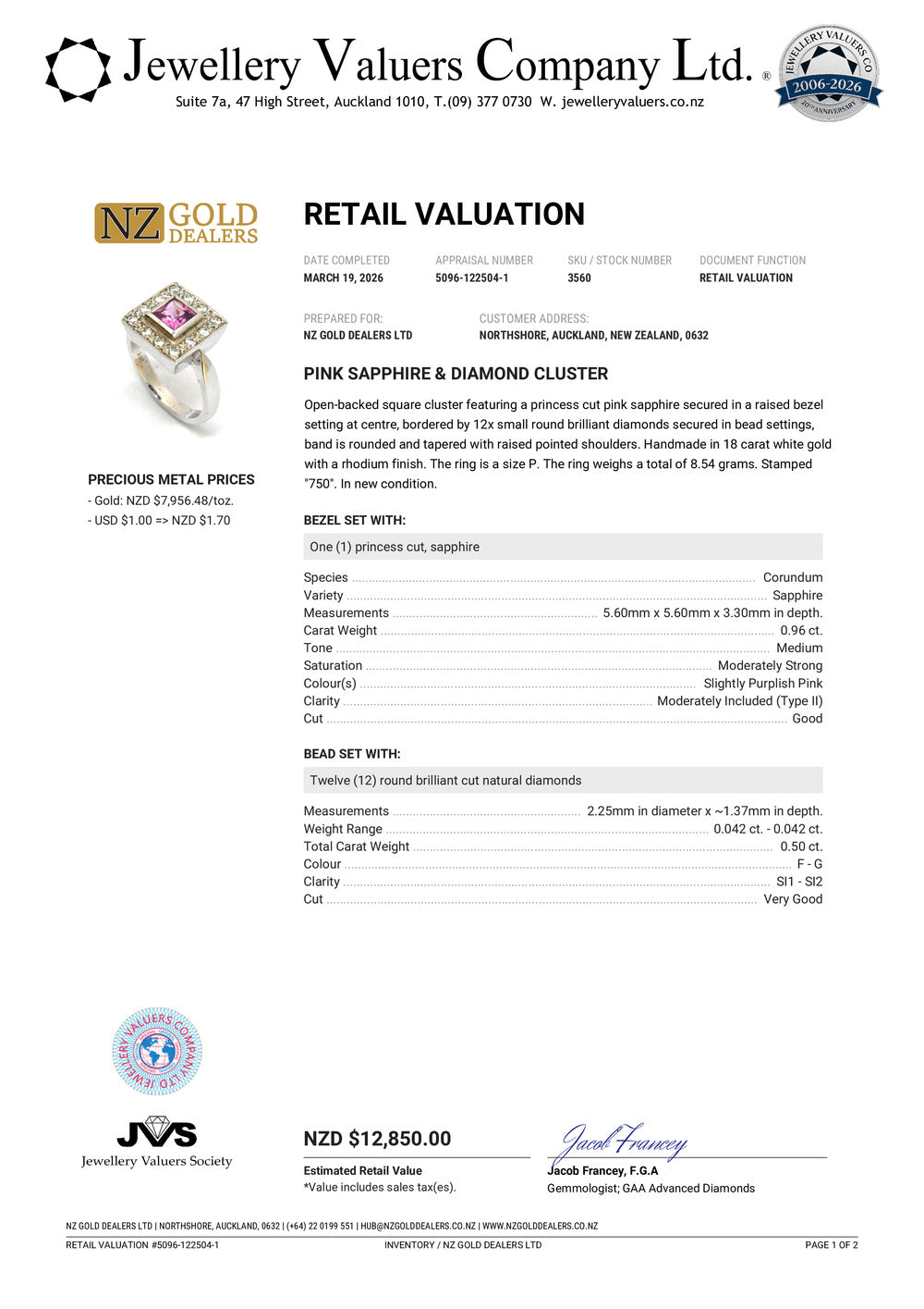 BRAND NEW | 18ct W/Gold Imperial Pink Sapphire Ring Valuation $12,850