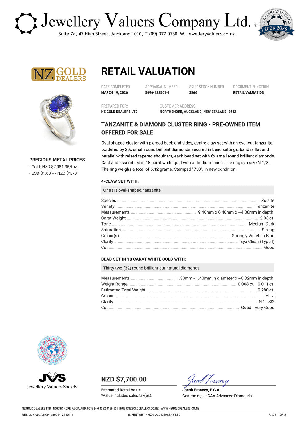 BRAND NEW | 18ct  White Gold Celestine Tanzanite Ring Valuation $7,700